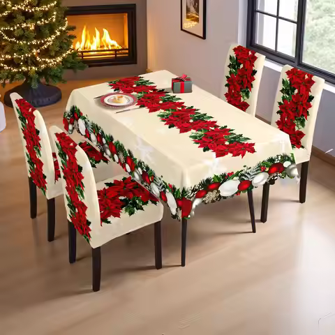 5/7pcs Cream Christmas Poinsettia Print Tablecloth Chair Cover Set For Dining Room
