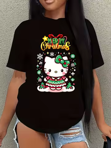 Sanrio Hello Kitty T-shirt Christmas Hello Kitty Letter ABC Shirt Cartoon Pattern Adult Clothing, Ro