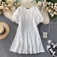 Esolo ZANZEA ลูกเรือเด็กผู้หญิงกระโปรงลูกไม้คอกลวงออกเอไลน์เดรสแขนสั้น #1118