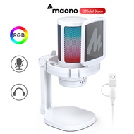 Maono DGM20 White RGB Gaming Microphone USB Condenser mic with Noise Cancellation Mute, Gain Control