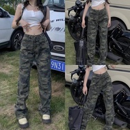 Pudding ~~ "11037-NZ" High-Waisted Straight-Leg Pants Long Korean Style Green Military Camouflage Pa
