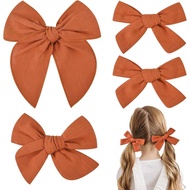 DEEKA 4 PCS Burnt Orange Cotton Linen Hair Bows 3 Styles 5" & 4" Handmade Hair Bow set for Toddler G