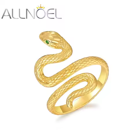 ALLNOEL Solid 925 Silver Open Rings For Women Snake Green Zircon Eyes Animal Gold Plated Luxury Chic