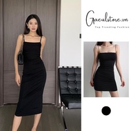 2-strap wool bodycon dress with over-the-knee and above-the-knee silhouette
