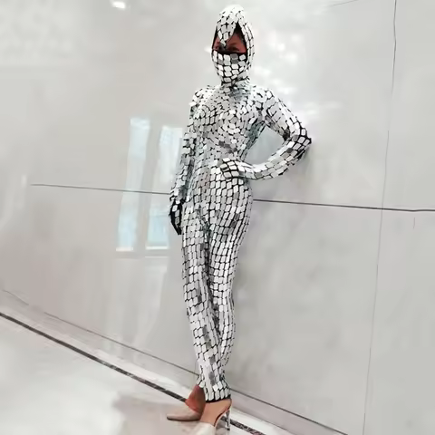 Bar Nightclub Party Gogo Costumes Silver Gold Mirrors Jumpsuit Men Women Stage Performance Pole Danc