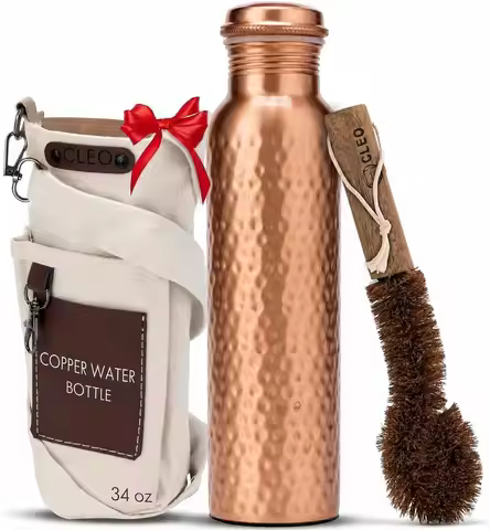 100% Pure Copper Water Bottle, 34 Oz Hammered Ayurvedic Drinking Bottle, Leak-Proof & Eco-Friendly,