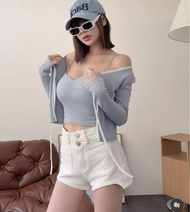 台灣女裝 套裝 獨家款 桃心領吊帶bra top + 外套 baby blue 套裝