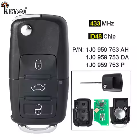 KEYECU 433MHz ID48 Chip P/N: 1J0 959 753 AH, 1J0 959 753 DA, 1J0 959 753 P Flip Remote Key Fob for V