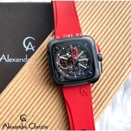 Alexandre Christie | AC 6577MCRIPBARE Chronograph Square Men's Watch and Red Silicon Strap Embossed with AC Logo