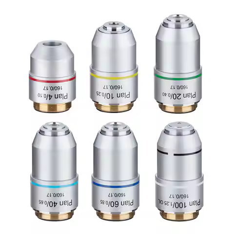 Biological Microscope Plan Objective Lens 4X 10X 20X 40X 60X 100X RMS Thread 160/0.17 195mm