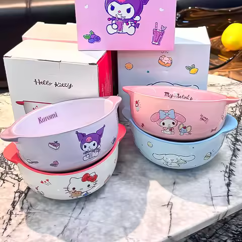 Sanrio 350ml Kuromi Porcelain Double-handled Bowl Student Cute Cartoon Cereal Fruit Round Bowl kid's