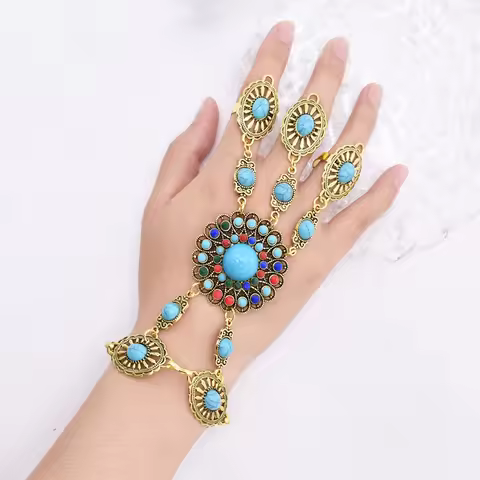 Women Fingertips Bracelets Bohemian Ethnic Turquoise Vintage Party Dance Charms Bracelet Statement G