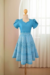 N742✨ ชุดเดรสผ้าทอลาย แขนกลีบบัว คอหัวใจ กระโปรงบาน 8 ชิ้น อัดกาวทั้งชุด..🎀