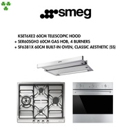 SMEG Bundle 60cm Gas Hob (SS), 4 Gas + 60cm Analog Oven + Optional Wall Mounted Or Non Wall Mounted Hood