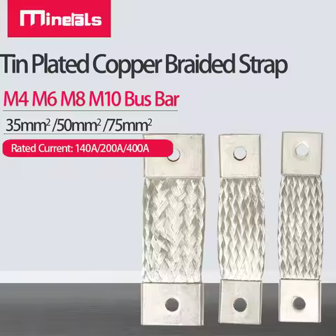 72mm Flexible Bus Bar Plated Copper Braided Strap Busbar M4 M6 M8 M10 Connector Battery Band 35mm2 5