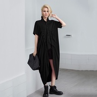 Loose Asymmetric Folds Dress Casual Solid Color Single Breasted Women A-line Turn-down Collar Slimmi