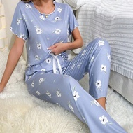 Bộ đồ ngủ/Pjama họa tiết hoa viền rau diếp Bộ đồ ngủ mặc ở nhà Bộ đồ ngủ cho nữ Bộ đồ ngủ màu xanh