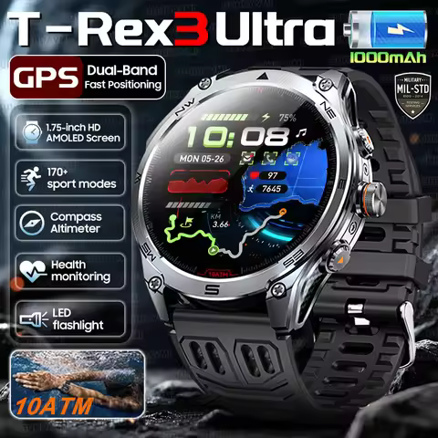 2025 New Military T-Rex 3 Ultra GPS Smart Watch 1000mAh Battery 10ATM Waterproof Compass Flashlight 