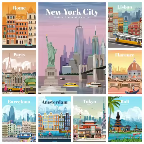 Landscape Diamond Painting Personalized Cities Around The World Full Round Drill Mosaic Embroidery C