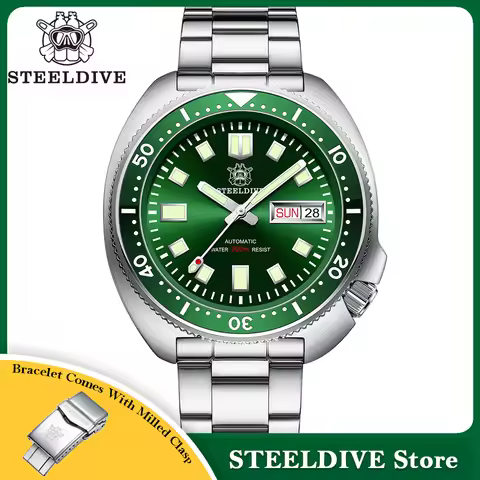 STEELDIVE SD1970W 44mm Steel Case Green Dial Ceramic Bezel 20ATM Waterproof Stainless Steel Turtle N