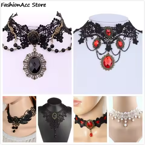 Gothic Punk Style Necklace Gem Decoration Women Black Lace Beads Choker Collar Necklace Chocker Jewe