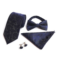Men Waist Flower Tie Bow Tie Pocket Square Cuffs 4-Piece Set Work Wedding Gift Giving