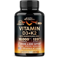 Vitamin D3 K2 - Vitamin D3 10000 iu & K2 as MK-7 120 mcg Complex - 120 Caps | D3 K2 + Magnesium, Zin