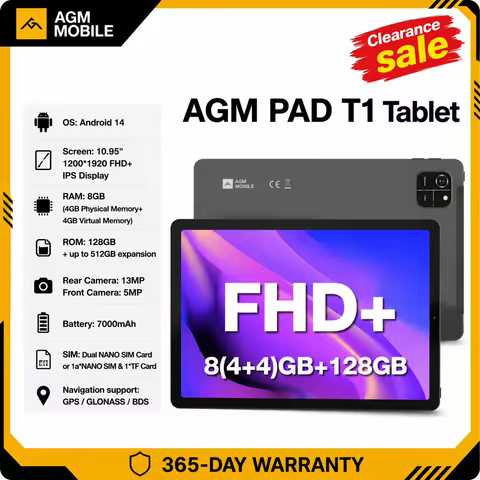 AGM PAD T1 Tablet 10.95 inch 1200*1920 FHD+ Screen 8(4+4)GB RAM 128GB ROM 4G LTE Android 14 Unisoc T