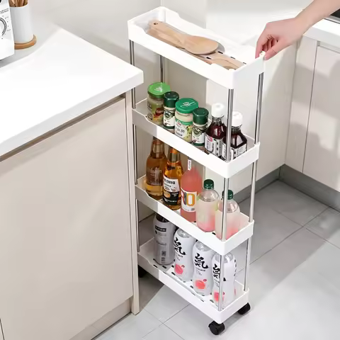 3/4 Tier Removable Gap Storage Rack with Pulleys and Hooks Rolling Kitchen Bathroom Slim Sliding Liv