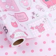 LeZakaa Reversible Baby Shower Wrapping Paper Roll - Baby Room and Carriage in Pink Dots - 17 inches