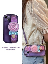 Purple lollipop wrist strap suitable for iphone13 mobile phone case 11 apple 12promax oval transparent 13pro silicone soft 8 female 7plus protective cover x crossbody lanyard xr can carry chain 【SEY】