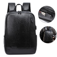 Men's PU Leather Waterproof Backpack USB Charging Lightness Laptop Black Back Bags male Outdoor Travel casual School Bagpacks