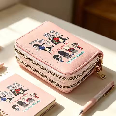 Anime Lycoris Recoil Girls Double Zipper Short Wallet Cartoon Card Holder Coin Purse Small Change Po