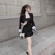 Women's dress Set 2 Piece, black 2-strap A-line dress with luxurious long-sleeved vestJacket DX