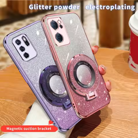 Reno7 Magnetic Glitter Plating Holder Phone Case On For Oppo Reno 2 Z 2Z 3 4 5 5K 6 6Z 7 SE Pro 4G 5