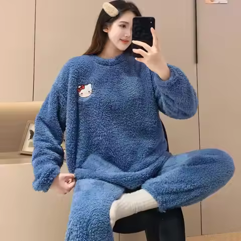 Sanrio Hello Kitty Women's Coral Fleece Plush Pajama Set Autumn Winter Cozy Warm Comfortable Flannel