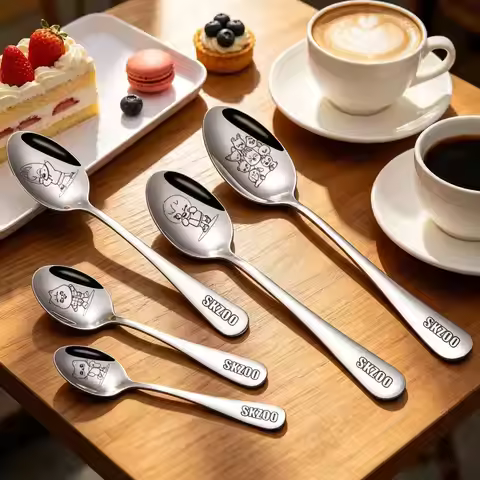 SKZOO Cute Animal Head Spoon Fork Household Dining Table Round Spoon Dessert Spoon Mirror Gloss Stai