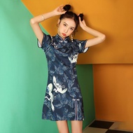 Qipao improved cheongsam vintage crane print dress Chinese Cheongsam