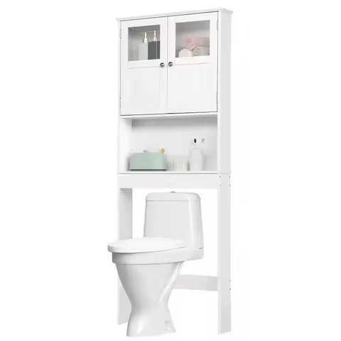 White Bathroom Storage Cabinet with 2 Doors, 3 Shelves Space Saver, Over Toilet