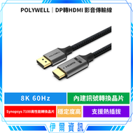 POLYWELL/寶利威爾/DP轉HDMI/8K60Hz/影音傳輸線/1~3米/轉接線/主動晶片/鋁合金帶編織/不壓畫質