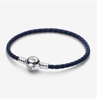 [พร้อมส่ง สินค้าแท้ 💯] Pandora Moments Round Clasp Blue Braided Leather Bracelet (แถมกล่อง)