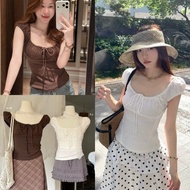 [RANDOM HAIR TIE GIFT] [A80065] BOIL FLOWER T-SHIRT WITH SQUARE NECKLACE WITH BOW TIE Seeu