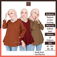 FC Mart Peplum Blouse / Blouse Muslimah / Women Long Sleeve Cotton Top / Blause Wanita / Baju Perempuan Lengan Panjang