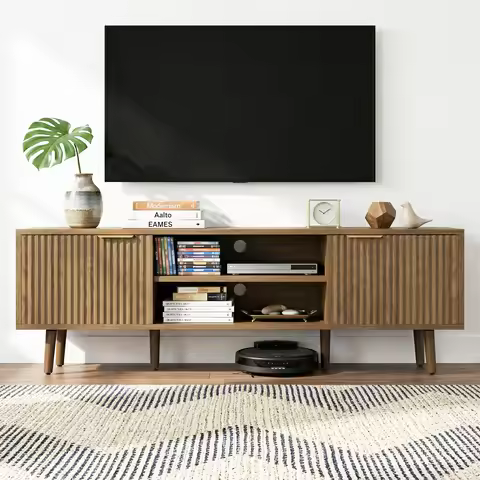58" TV Stand with Waveform Doors Entertainment Center for TVs up to 65 Inch Adjustable Shelves Livin