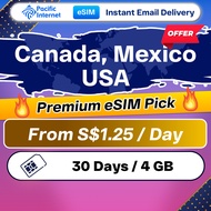 Pacific Internet USA, Canada, Mexico Travel eSIM High Speed Data 30 Days 4GB | Email Delivery | Voic