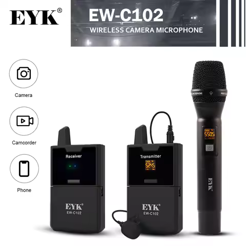 EYK UHF Wireless Microphone System with Metal Handheld Mic Lapel Mike 50 Meters Range For Camera Cam