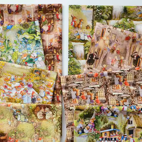 Cotton Fabric Wild Rose Village Cotton Fabric Fox Cartoon Illustration Cotton Fabric Vole Rabbit by 