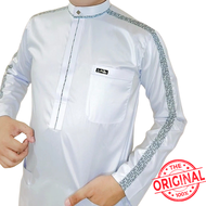 Baju koko Saudi Polyester Import lengan panjang putih les tangan abu bintik hitam / Baju Pria Muslim Elit Mewah Berkelas dan Berkualitas Alghin Exclusive 023