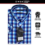 OWEN SALE - Áo Sơ Mi Owen Tay Ngắn Màu xanh Blue - Trắng  Họa Tiết Caro Form Body Fit Lai Ngang Chín
