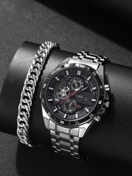 1入組男士銀色不銹鋼錶帶商務防水日期圓形錶盤石英手錶和1入組手鍊適用於日常生活